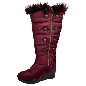 JUICY COUTURE Everest Quilted Faux Fur Lined Wedge Boots Logo Button Size 7.5